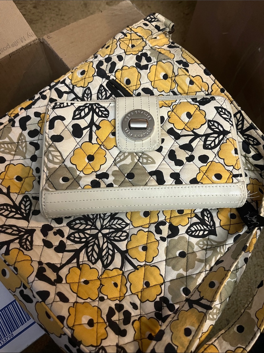 Vera Bradley Yellow Floral Quilted Wallet and Crossbody Set with Cream Trim